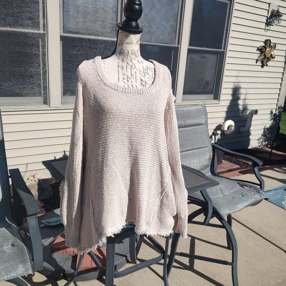 Kaisely XL Cold Shoulder Cream Sweater! Baggy patchwork distressed - Picture 8 of 15